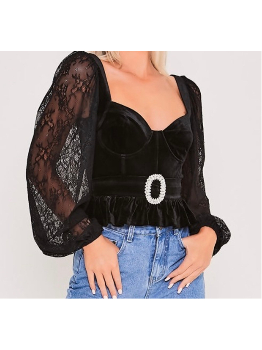 Women's Saint Genies Black Velvet Lace Sleeve Peplum Top Size 2